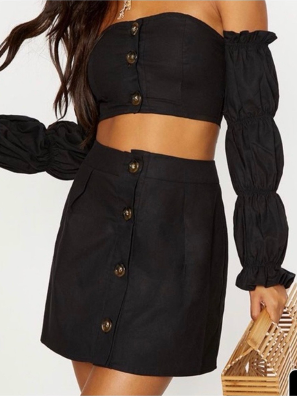 PrettyLittleThing Black Button-Front Mini Skirt Set